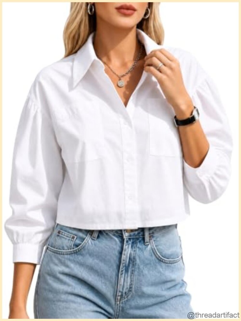 Women's 3/4 Sleeve Cropped Button Down Blouse with Chest Pockets